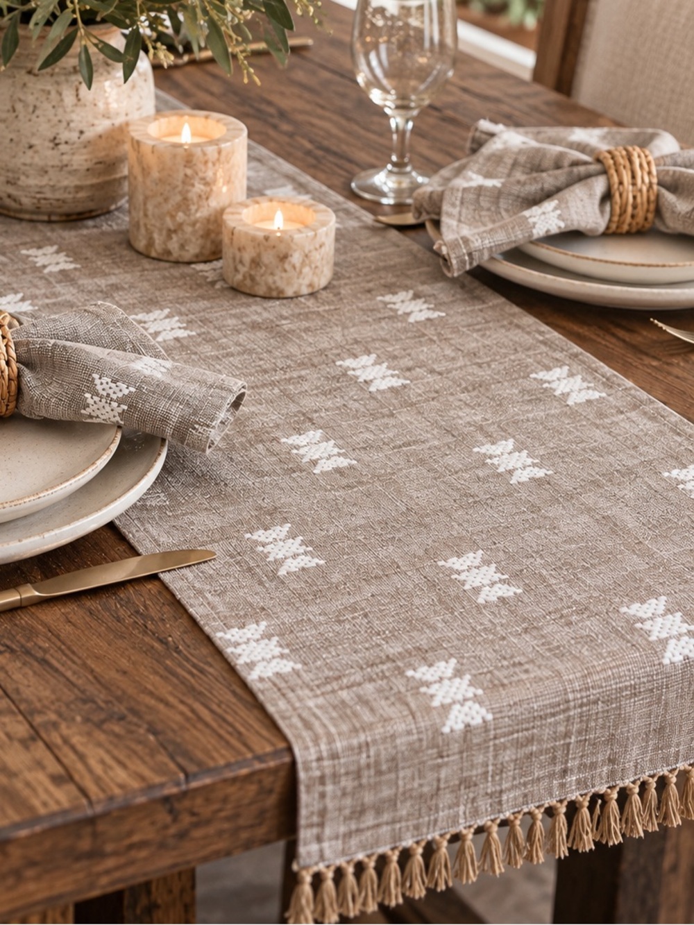 World Market Taupe Ivory Geometric Embroidered Fringe Table Runner 13x72